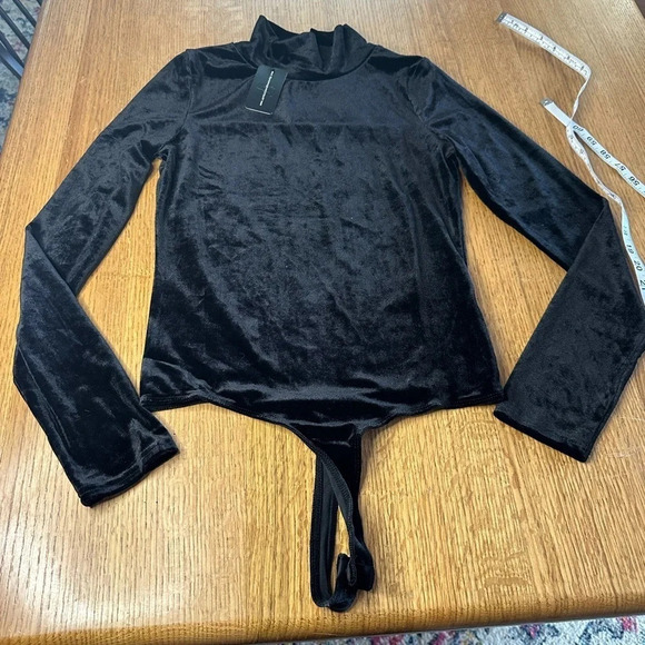 ARTICLES OF SOCIETY NWT black velour mock neck long sleeve thong bodysuit, sz S - Picture 2 of 8